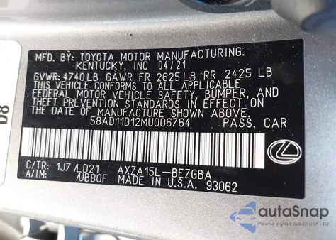 2021 Lexus Es 250 z USA, uszkodzony, nr VIN 58AD11D12MU006764